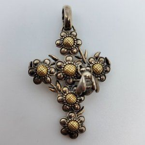 KC Studio Sterling & 14K Flower & Honeybee Cross Pendant Circa 2007